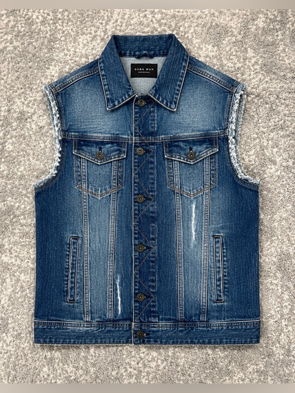 Distressed Blue Denim Sleeveless Trucker Vest